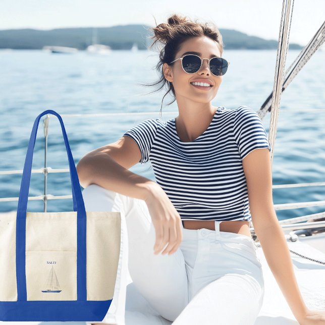 Yacht Sail Boat Contrast Trim Tote Bag (Sail boat personalized canvas boat tote)