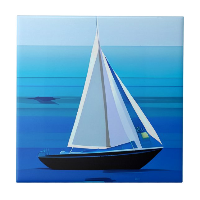 Yacht Under Sail, Cobalt Blue Tile (Front)