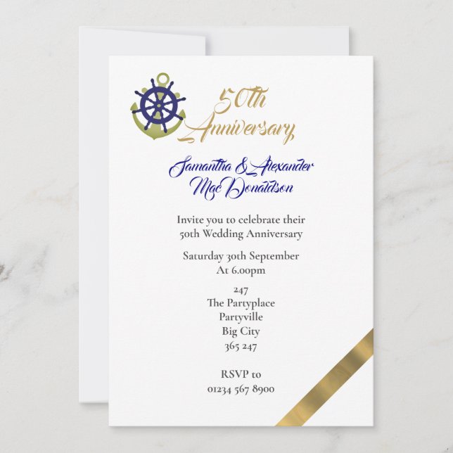 Yachting themed 50th wedding anniversary invitation (Front)