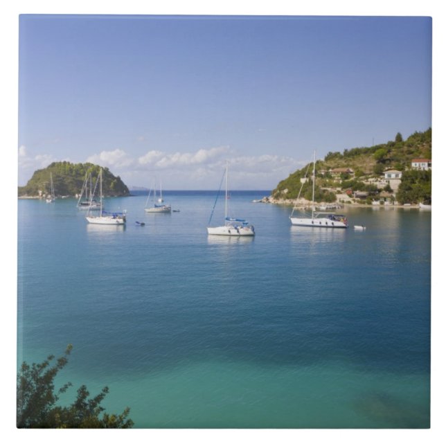 Yachts at anchor, Lakka, Paxos, Greece Tile (Front)
