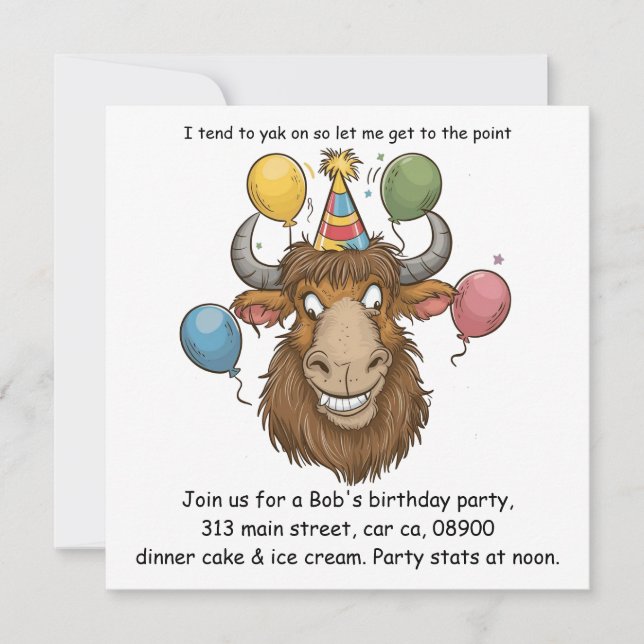 Yak head with ballloons cartoon invitation (Front)