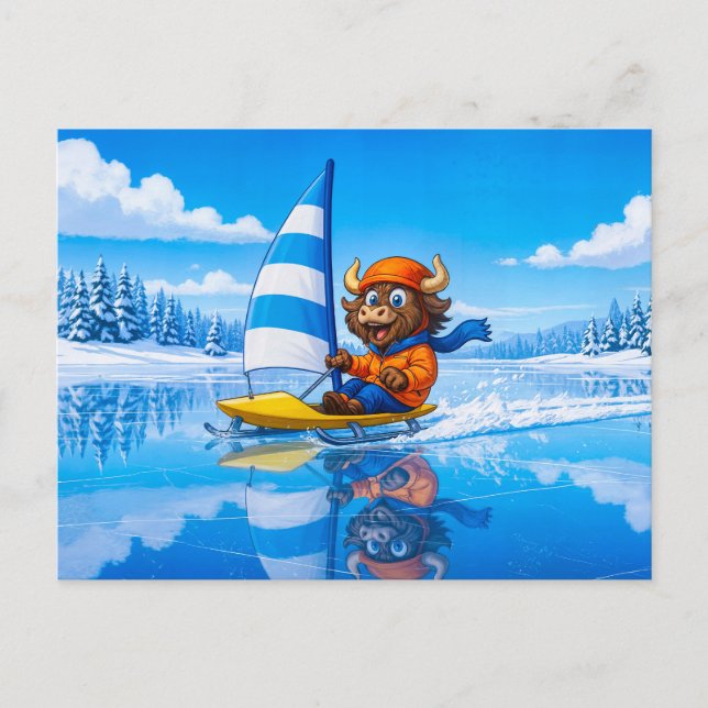 Yak Ice Sailing on a Frozen Winter Lake Postcard (Front)