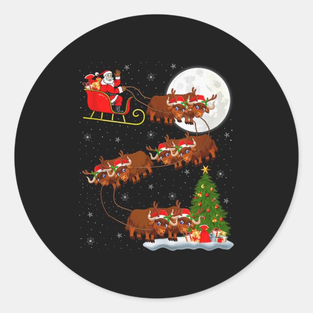 Yak Santa Sleigh Flying Funny Magical Christmas Ta Classic Round Sticker (Front)