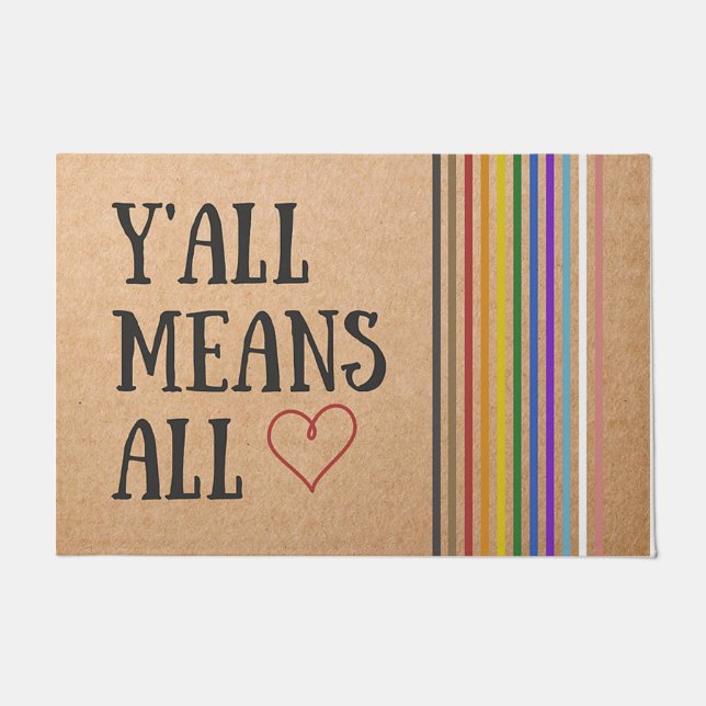 Y'all Means All Mat, Colorful Heart Doormat (Front)