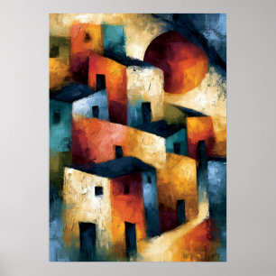Yama no Mura Japanese Geometric Mountain Village Poster
