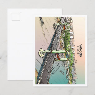 Yangon Myanmar Sketch Art Vintage Travel Postcard