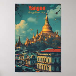 Yangon Myanmar Vintage Art Travel Illustration Poster