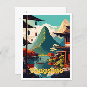 Yangshuo China Travel Art Vintage Illustration Postcard