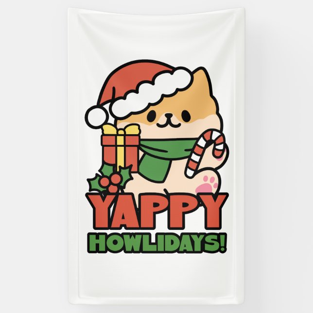 Yappy Howlidays - Cute Christmas Dog Cartoon Banner (Vertical)
