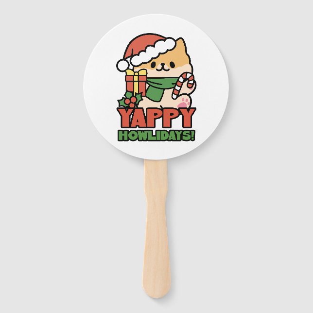Yappy Howlidays - Cute Christmas Dog Cartoon Hand Fan (Front)