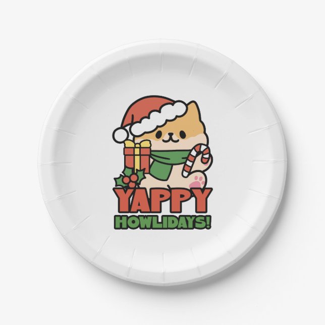 Yappy Howlidays - Cute Christmas Dog Cartoon Paper Plate (Front)