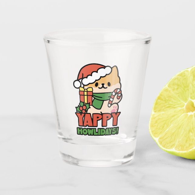 Yappy Howlidays - Cute Christmas Dog Cartoon Shot Glass (Front)