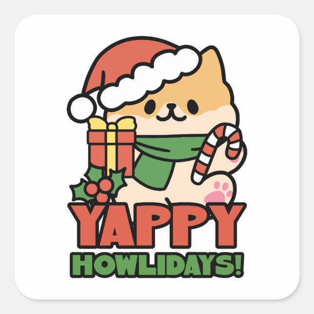 Yappy Howlidays - Cute Christmas Dog Cartoon Square Sticker (Front)