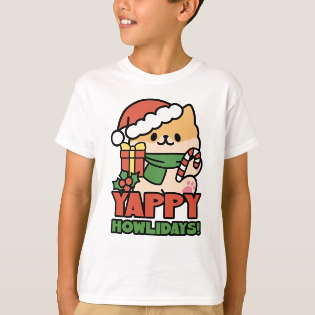 Yappy Howlidays - Cute Christmas Dog Cartoon T-Shirt (Front)