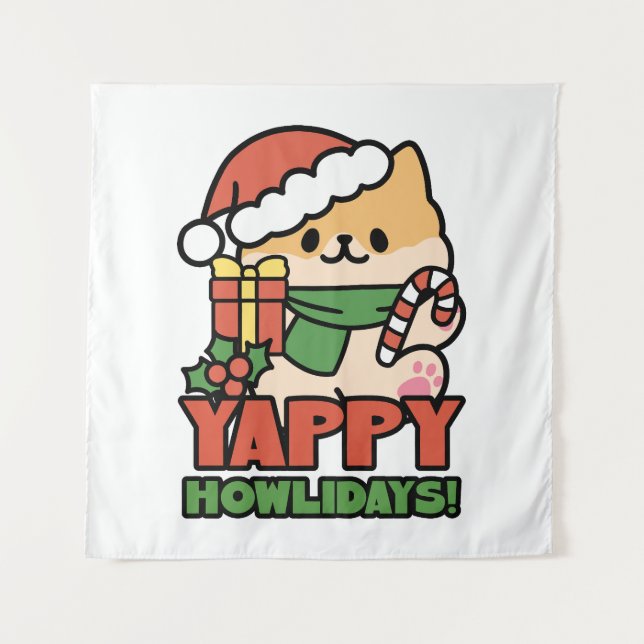 Yappy Howlidays - Cute Christmas Dog Cartoon Tapestry (Front)