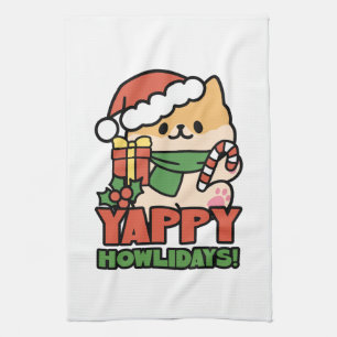 Yappy Howlidays - Cute Christmas Dog Cartoon Tea Towel