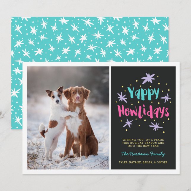Yappy Howlidays Dog Christmas Photo Black Holiday Card (Front/Back)