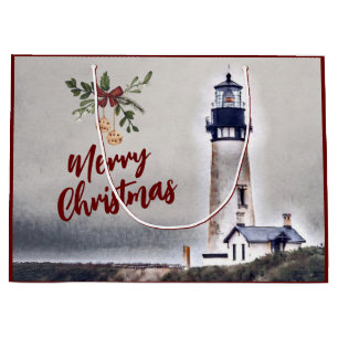 Yaquina Head Lighthouse Merry Christmas Holiday Large Gift Bag