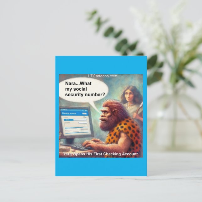 Yarg’s First Login: Banking Like a Caveman Postcard (Standing Front)