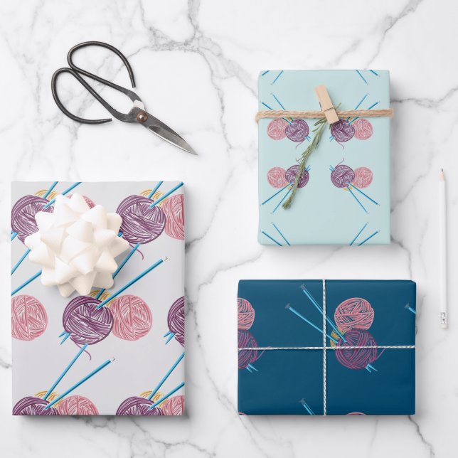 Yarn and Needle Wrapping Paper Flat Sheet Set of 3 (Front)
