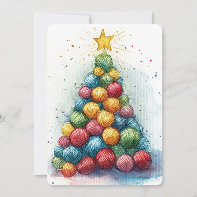 Yarn Ball Christmas Tree Knitter's Watercolor Holiday Card (Front)