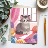 Yarn Ball Kitten | Cat Watercolor Postcard