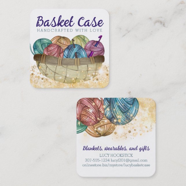 Yarn basket crochet hooks homespun crafts square business card (Front/Back)