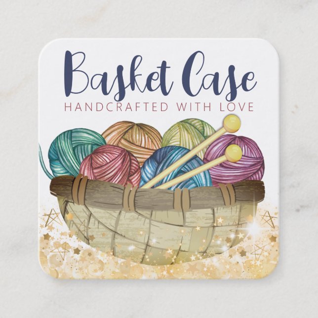 Yarn basket knitting needles knitter crafts square business card (Front)