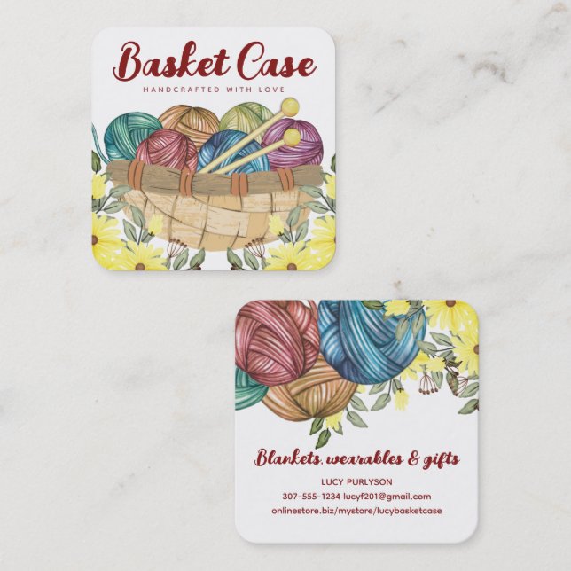 Yarn basket knitting needles knitter crafts square square business card (Front/Back)