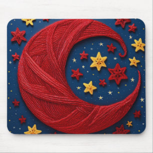 Yarn Crescent Moon And Stars On A Blue Background Mouse Mat