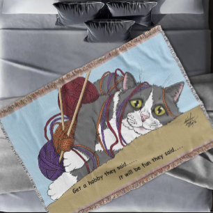 Yarn Knitting Funny Cat Throw Blanket
