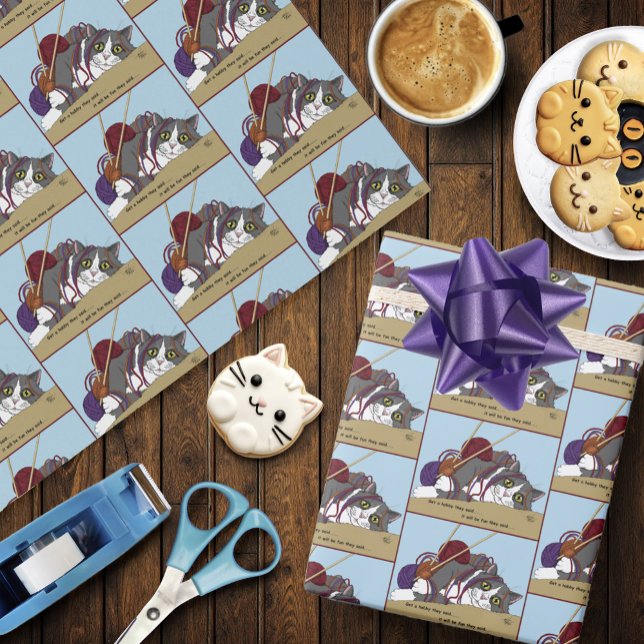 Yarn Knitting Funny Cat Wrapping Paper (Creator Uploaded)