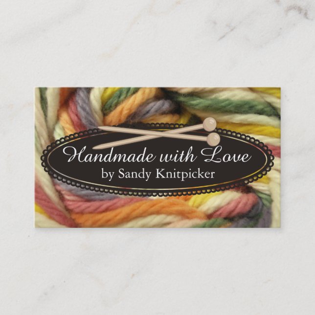 Yarn knitting needles crochet colourful yarn business card (Front)