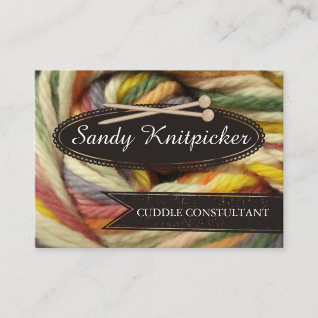 Yarn knitting needles crochet colourful yarn business card (Front)