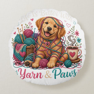 Yarn & Paws Golden Retriever Knitting & Crochet Do Round Cushion