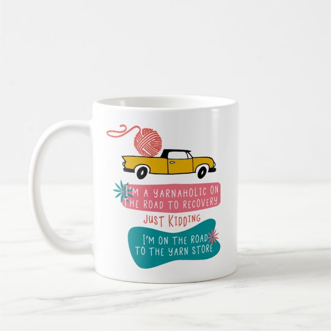 Yarnaholic Knitting Crochet Quote Retro Pink Blue Coffee Mug (Left)