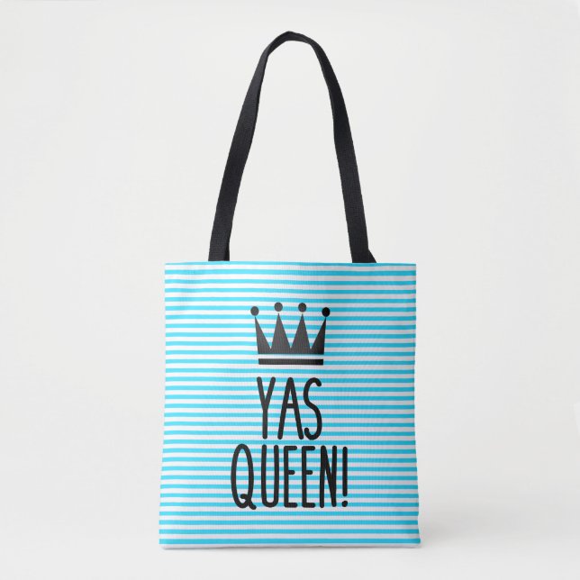 Yas Queen! Blue and White Striped Pattern Tote Bag (Front)