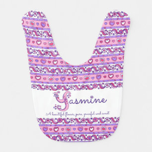 Yasmine name meaning heart flower pattern baby bib
