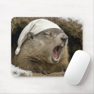 Yawning Groundhog Wearing a Nightcap Mouse Mat