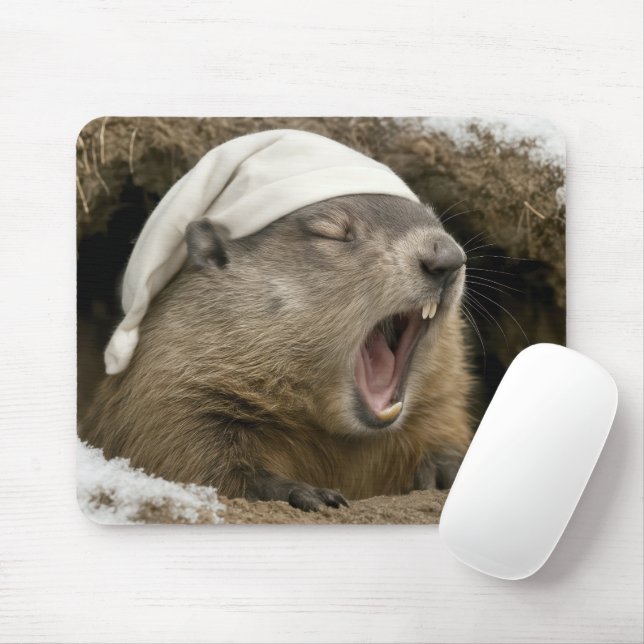 Yawning Groundhog Wearing a Nightcap Mouse Mat (With Mouse)