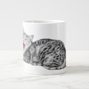Yawning Tabby Cat Monochrome Art Mug with Red Tong