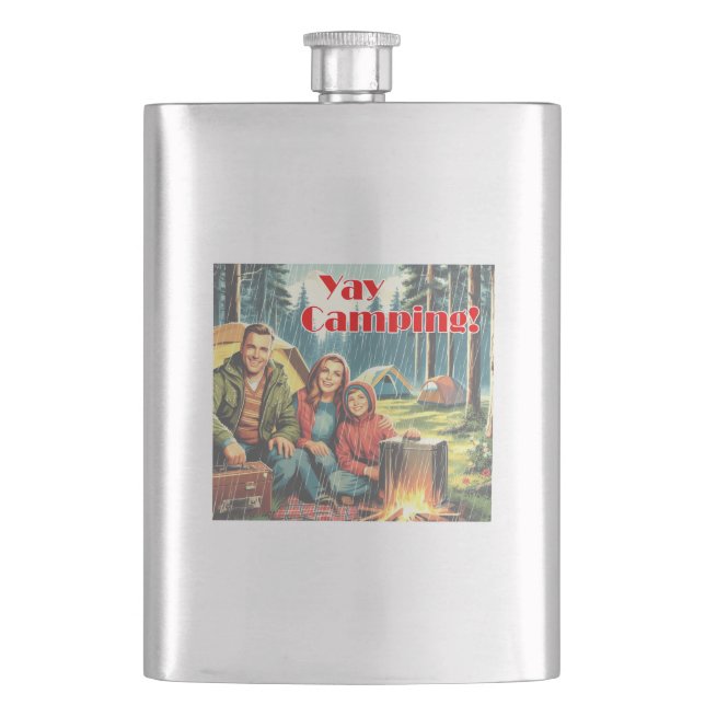 Yay Camping In The Rain Hip Flask (Front)