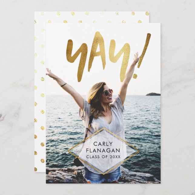 Yay! Gold Script Graduation Celebration Party Invitation (Front/Back)