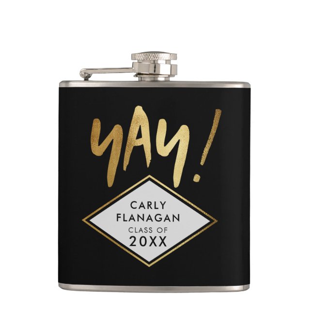Yay! Script Gold Black Graduation Party Hip Flask (Front)