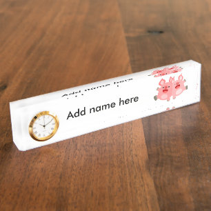YEAH!! Cute Cartoon Pigs Name Plate w/ Clock