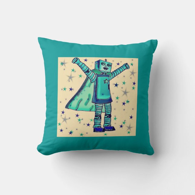 Yeah! Superhero Robot Throw Pillow (Front)