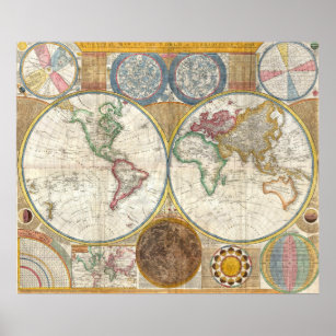Year 1789 Antique coloured world map poster