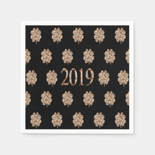 Year 2019 Black and Gold Four Leaf Clover Pattern Napkin