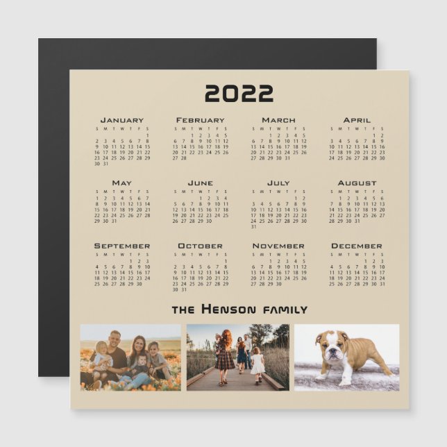 Year 2022 Calendar 3 Family Photo Collage Magnet (Front/Back)