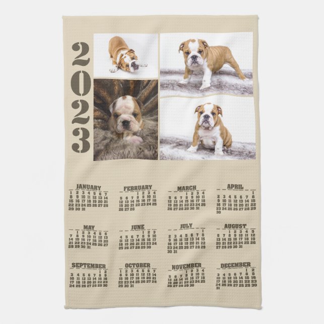 Year 2023 Calendar Dog Pet 4 Photo Collage Tea Towel (Vertical)